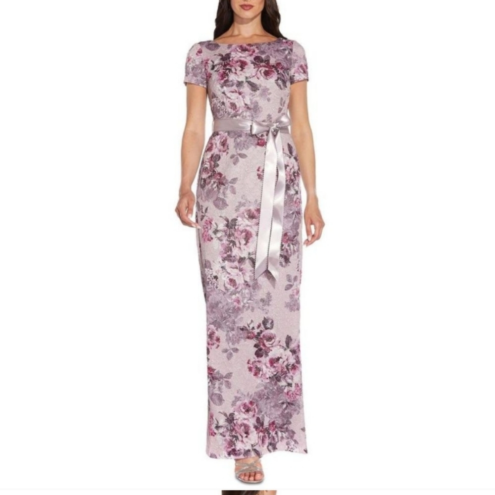 NWT Adrianna Papell matelasse dress with tie, lavender flowers, size 4